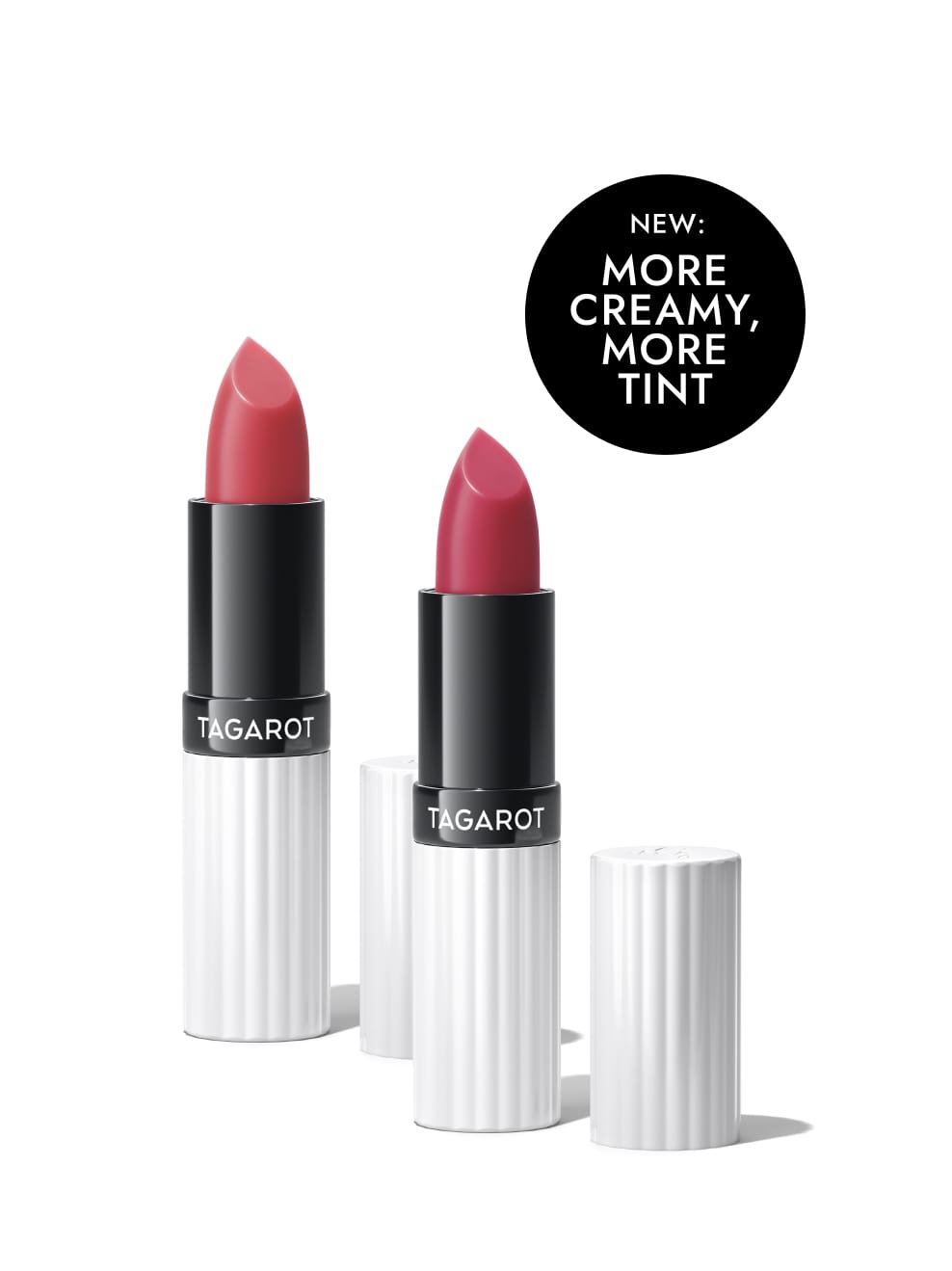 Tagarot Balm 01 und 02 Packshot mit Badge: New: More Creamy, more tint