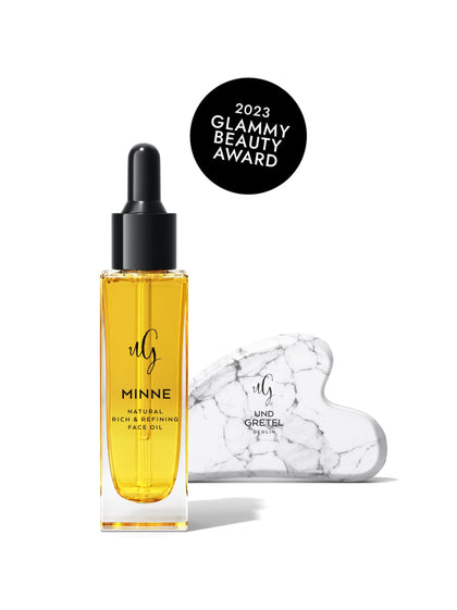 Packshot: Minne und Gua Sha Stone mit Badge: 2023 Glammy Beauty Award