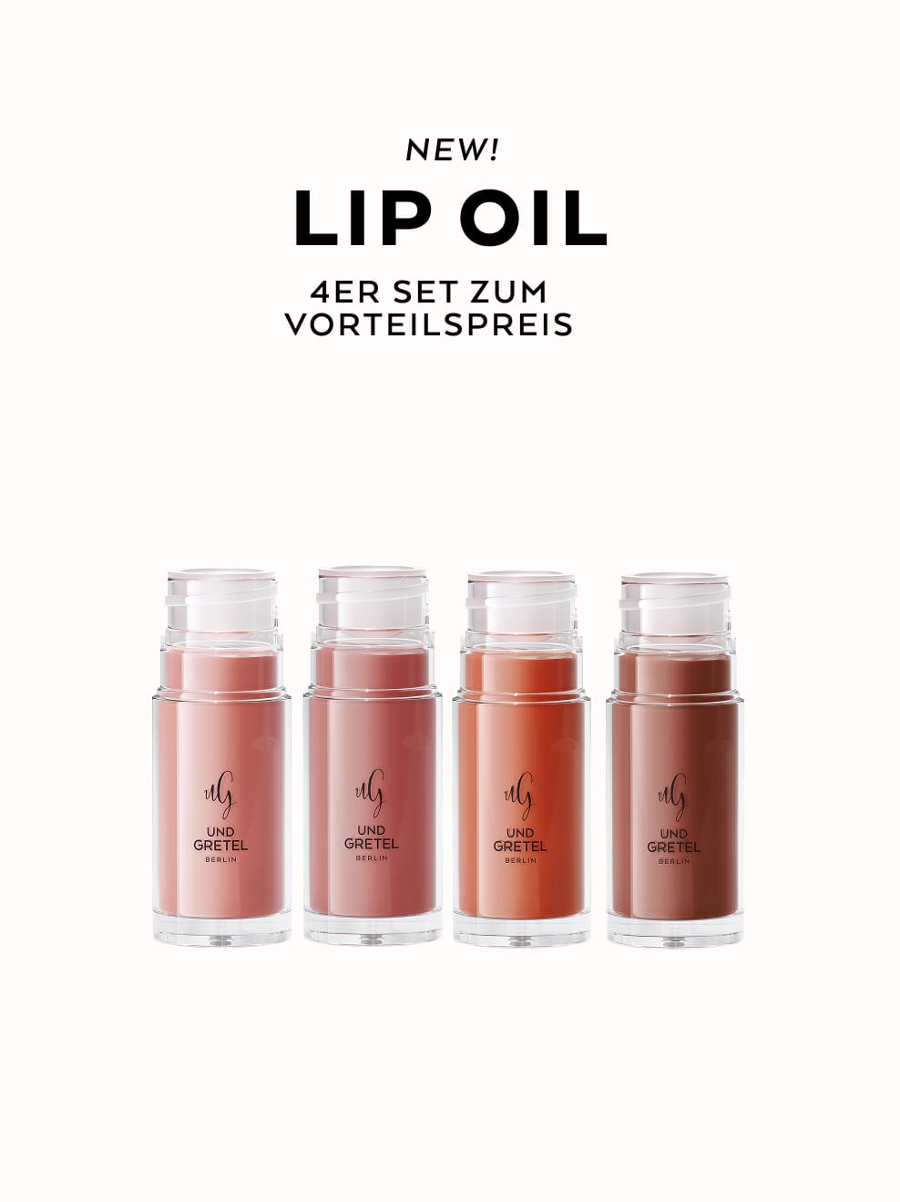 Gliz 01, Gliz 02, Gliz 03 und Gliz 04 Packshot mit Text: New! Lip Oil 4er Set zum Vorteilspreis